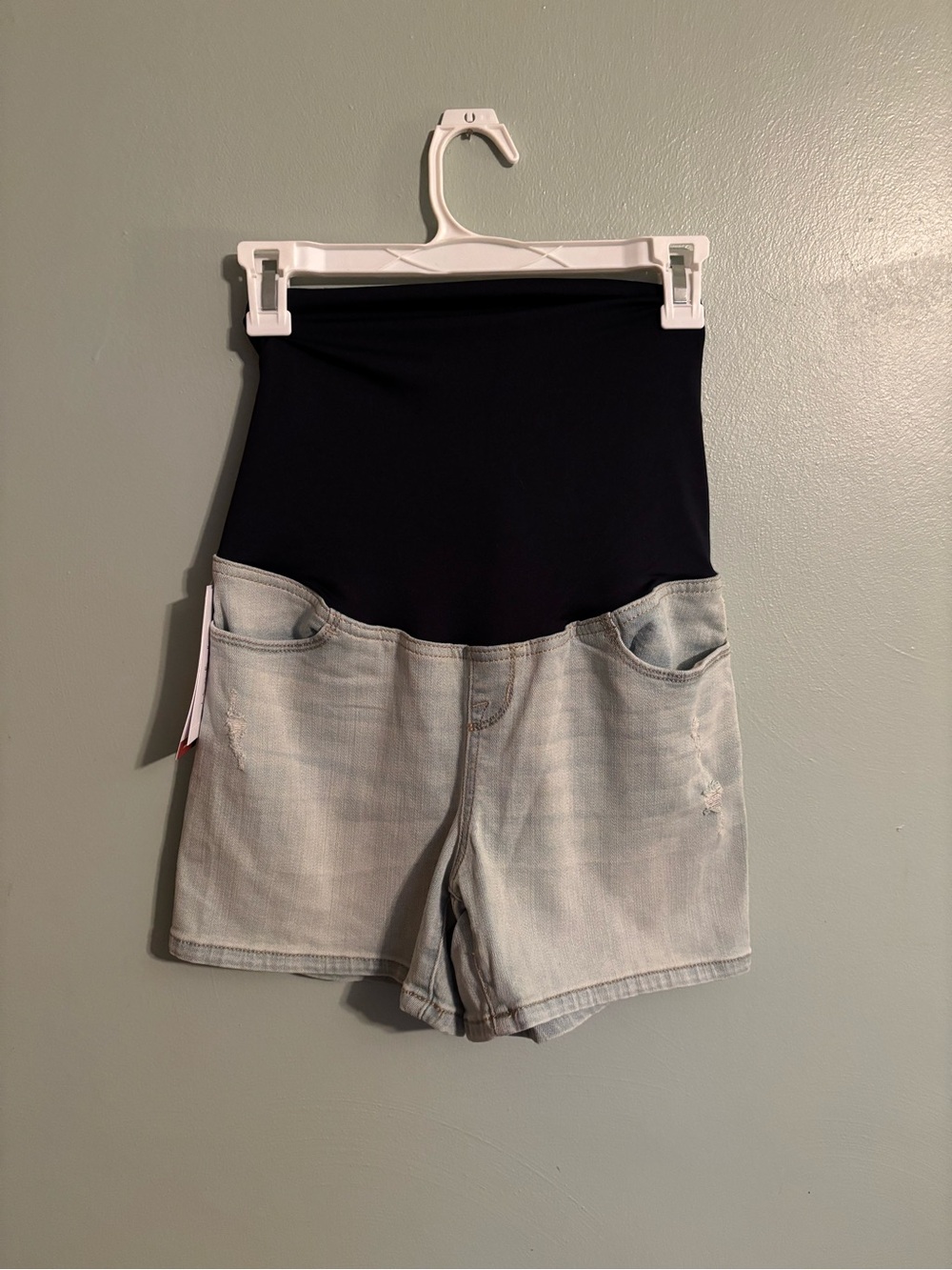 High-Waist Maternity Denim Shorts with Black Stretch Panel